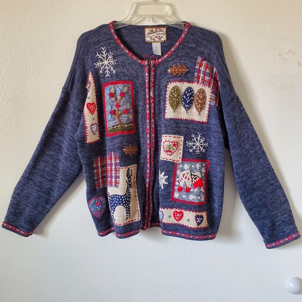 Vintage Heirloom Collectibles Cardigan Sweater Womens L Blue Patchwork Knit Zip